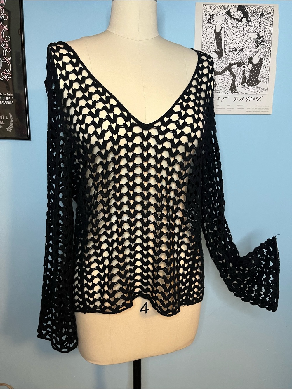 Whimsigoth Black Crochet Flared Sleeve Sweater Top Sm/Md
